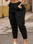 Plus Size Solid Flap Pockets Fitted Bottom Cargo Pants Casual Drawstring Pants For Spring & Summer Women's Plus Size Clothing