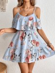 Floral Print Cold Shoulder Dress Casual Ruffle Trim Dress For Spring & Summer Women's Clothing