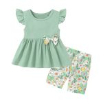 Wesidom Toddler Girl Clothes Layered Ruffle Top Floral Shorts Cute Toddler Girls Summer Outfits 2PCS Clothing Set Green 18-24MON