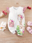 Infant's Giraffe & Flower Print Bodysuit Lovely Cap Sleeve Onesie Baby Girl's Clothing