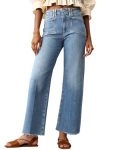 Cicy Bell Womens High Waisted Cropped Jeans Trendy Stretchy Baggy Straight Leg Raw Hem Capri Denim Pants Light Blue
