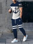 2-PIECE Men's Anchor Graphic Print Casual Sports Outfit Set Short Sleeve Crew Neck T-Shirt & Elastic Waist Drawstring Sweatpants