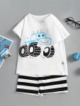 Boys Cartoon Off-road Vehicle Casual Outfit Round Neck T-Shirt & Striped Shorts For Summer Kids Clothes