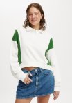Cotton On Classic Fleece Button Up Sweatshirt - White & Emerald Green