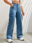 Side Flap Pocket High Waist Denim Cargo Pants Light Washed Casual Slash Pocket Cargo Jeans Kpop Y2K Women's Denim Jeans & Clothi