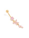 Goldair Gold Plated Surgical Steel Pink Cubic Zirconia Butterfly & Leaf Belly Bar