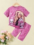 Trendy 2-PIECE Girl's Portrait Print Short Sleeve Top + Shorts Set Holiday Summer Clothes