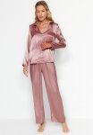 Satin Shirt-pants Woven Pajamas Set - Brown