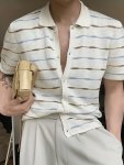 Striped Chic Knit Shirt Men's Casual Lapel High Stretch V-neck Cardigan For Men Winter Fall