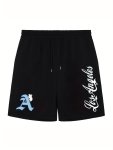 Los Angeles" Letter Print Casual Slightly Stretch Drawstring Shorts Men's Shorts For Summer