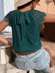 Eyelet Lace Splicing Tie Back T-Shirt Casual Solid Color T-Shirt For Spring & Summer Women's Clothing