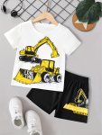 Toddler Boy's 2PCS T-Shirt & Shorts Set Cartoon Engineering Car Print Short Sleeve Top Color Clash Casual Outfits Kids Clothes F