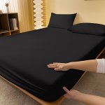 1PC Fitted Sheet Soft Comfortable Solid Color Black Bedding Fitted Sheet For Bedroom Guest Room Student Dorm With Deep Pocket Fi