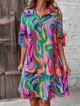 Abstract Print Collared Shirt Dress Elegant Button Front Short Sleeve Dress For Spring & Summer Women's Clothing
