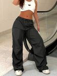 Solid Color Cargo Pants Casual Drawstring Wide Leg Pants For Spring & Fall Women's Clothing