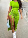 Solid Ruched Split Dress Sexy Bodycon Crew Neck Short Sleeve Drawstring Dress Women's Clothing