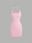Solid Textured Tie Backless Halter Dress Sexy Sleeveless Frill Trim Slim Dress Women's Clothing