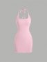 Solid Textured Tie Backless Halter Dress Sexy Sleeveless Frill Trim Slim Dress Women's Clothing