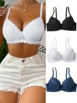 3PCS Sexy Scallop Trim Lace Bra Comfy & Breathable Underwire Push Up Bra Women's Lingerie & Underwear
