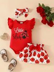Baby's "little Lady" Print 2PCS Casual Summer Outfit Cap Sleeve Bodysuit & Hairband & Ladybug Pattern Skirt Set Toddler & Infant