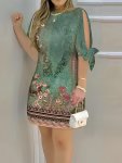Floral Print Knotted Dress Vintage Split Half Sleeve Dress Women's Clothing For Elegant Dressing