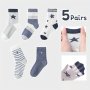 Stars Stripes Pattern 5 Pairs Boys Short Socks Comfy Breathable Sweat Resistant Anti-odor Socks For Spring Summer