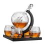 Globe Whiskey Decanter Set W/ 4 Glasses & Wooden Base