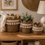 Woven Basket Set Of 3 - Scalloped Edge And Tassel Trim