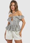 Striped Linen Look Gold Ring Halterneck Cami - Stone