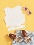 Tween Girl Casual Crisscross Waist Crop Top Breathable Rib-knit Sleeveless T-Shirt For Summer
