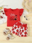 Baby's "little Lady" Print 2PCS Casual Summer Outfit Cap Sleeve Top & Ladybug Full Print Shorts Set Toddler & Infant Girl's Clot