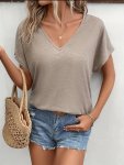 Solid Color V-neck Simple T-Shirt Casual Short Sleeve Top For Spring & Summer Women's Clothing
