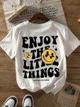 Smile & Letter Print T-Shirt Short Sleeve Crew Neck Casual Top For Summer & Spring Women's Clothing