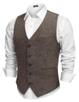 Coofandy Men Linen V-neck Suit Vest Fashion Dress Vest Button Up Waistcoat With Pockets