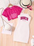 Brooklyn Print Girls Set Mesh Cover-up Tee + Letter Cami Dress Spring Summer Clothes Casual Outdoor Party Gift