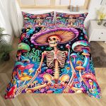 Colorful Mushroom Bedding Set Hippie Skeleton Comforter Cover Set For Teens Women Room Decor Gothic Skull Duvet Cover Breathable