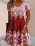 Plus Size Geo Print Tee Dress Ethnic Style Short Sleeve V Neck Dress For Spring & Summer Women's Plus Size Clothing