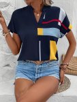 Geometric Print V Neck Blouse Elegant Short Sleeve Blouse For Spring & Summer Women's Clothing