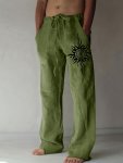 Fashionable Design Men's Compass And Fire Graphic Pattern Sports Pants Chic And Comfy Pure Cotton Drawstring Trousers For Daily