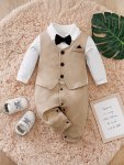 Infant's Bowtie Decor Gentleman Cotton Bodysuit Comfy Long Sleeve Onesie Baby Boy's Clothing As Gift