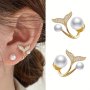 Pearl Mermaid Tail Stud Earrings Alloy Rhinestone Decor Minimal Japanese And Korean Elegant Style Women's Earrings Jewelry