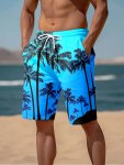 Men's Hawaiian Beach Themed Pattern And Floral Silhouette Print Regular Fit Sports Shorts With Elastic Waistband And Drawstring