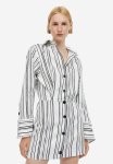 Linen-blend Shirt Dress - White Striped