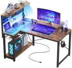 Homieasy Small Gaming Desk With Power Outlets Pegboard LED Light 43 Inch L Shaped Computer Desk With Monitor Stand Storage Shelv