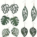 5 Pairs Set Hollow Green Leaf Design Dangle Earrings Bohemian Vacation Style Wooden Jewelry Trendy Holiday Earrings