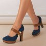 Women's Retro Style Round Toe High Heeled Pumps Buckle Platform Block Heel Shoes Women's Footwear