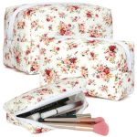 Aintmax 3 Pcs Quilted Makeup Bag Cute Floral Cotton Coquette Cosmetic Bag Large Travel Toiletry Bag Makeup Brushes Storage Organ