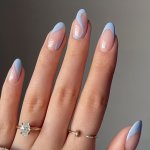 24 Pcs Cute Almond Shape Press On Nails Short Length With Blue Swirl French Designs Fake False Nails With Glue Nail Art For Wome