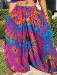 Plus Size Boho Pants Women's Plus Tie Dye Drawstring High Rise Lantern Pants With Pockets