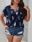 Plus Size Feather Print Blouse Casual Cut Out Short Sleeve Blouse For Spring Women's Plus Sizeclothing